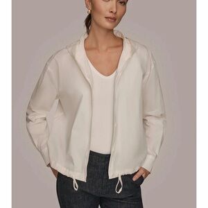 Donna Karan Cream Hooded Button Down Shirt Jacket with Drawstring Hem